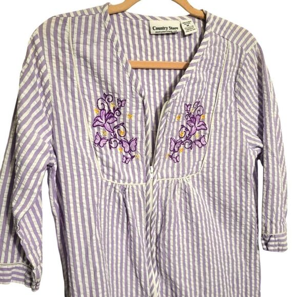 Country Store Purple Striped Floral Front Zip Cotton House Coat Robe Size M - Picture 4 of 11